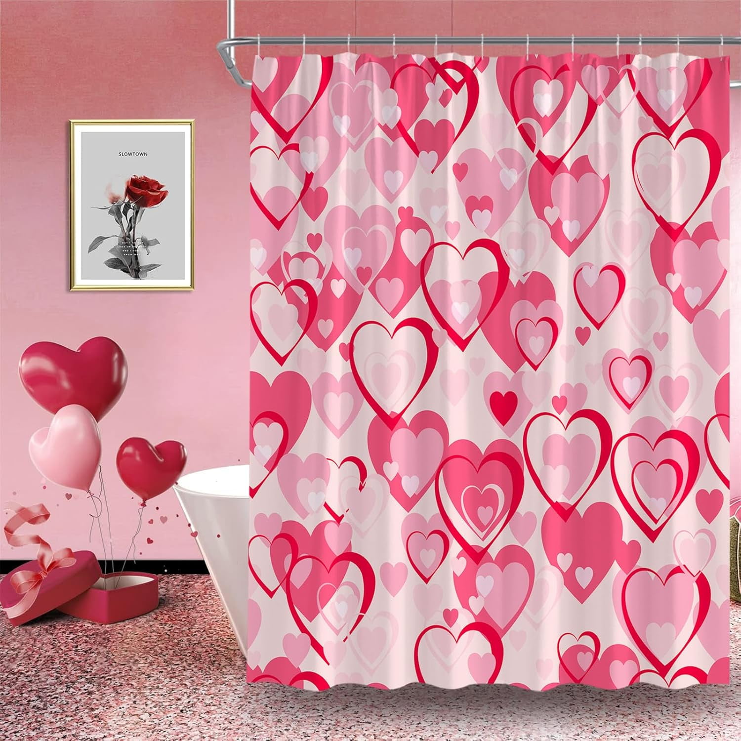 Valentine''s Day Shower Curtain Pink Heart Romantic Dreamy Sweet Love