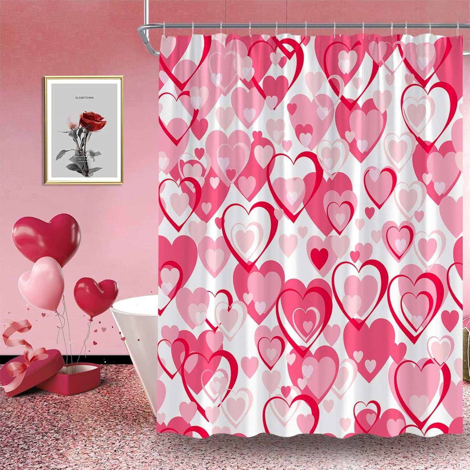 Valentine''s Day Shower Curtain Pink Heart Romantic Dreamy Sweet Love Heart Modern Creative ...