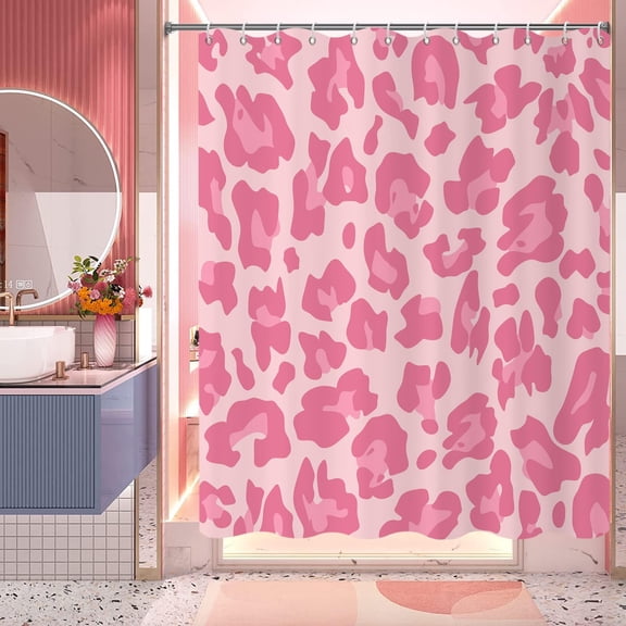 Valentine''s Day Shower Curtain, Pink Leopard Print Romantic Love Theme Girly Bathroom Curtain Decor Waterproof Fabric Machine Washable with 12 PCS Hooks,72" Wx72 L