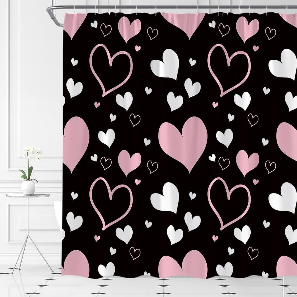 Valentine''s Day Shower Curtain Pink Love Hearts Romantic Fabric