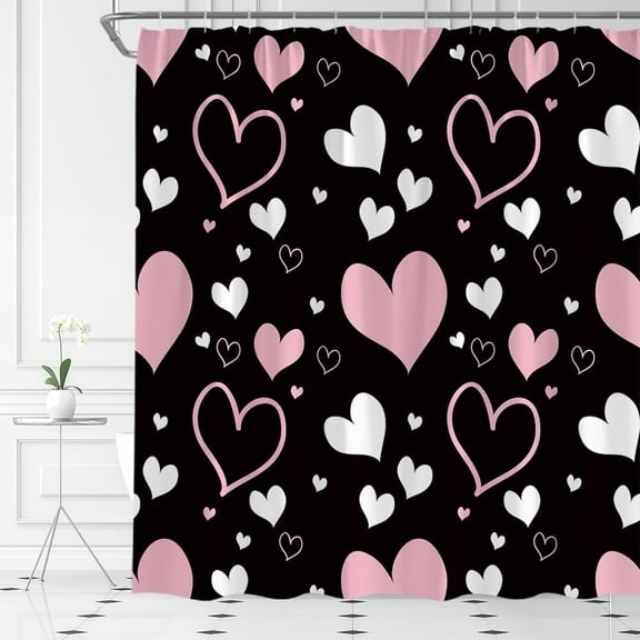 Valentine''s Day Shower Curtain Pink Love Hearts Romantic Fabric Bathroom Decor Set with Hooks(70" Wx84 H)