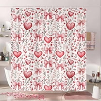 Valentine's Day Shower Curtain, Pink Red Cute Heart Flower Bow Romantic Bathroom Curtain Sets, Sweet Holiday Girl Woman Bath Curtain Bathtub Home Decor with Hooks, 69X70IN