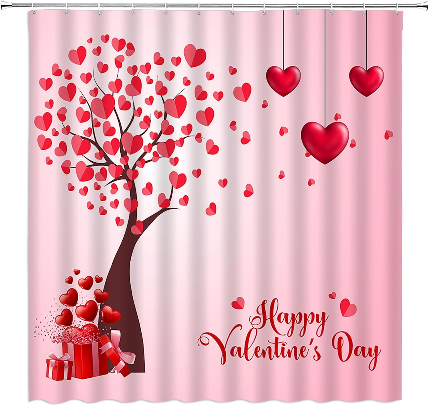Valentine''s Day Shower Curtain Pink Red Heart Tree Sweet Love Romantic