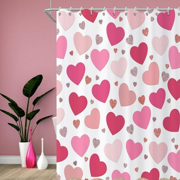Valentine''s Day Shower Curtain, Pink Sweet Love Heart Romantic Girly Bathroom Curtain Waterproof Fabric Machine Washable with Hooks, 36" Wx72 L