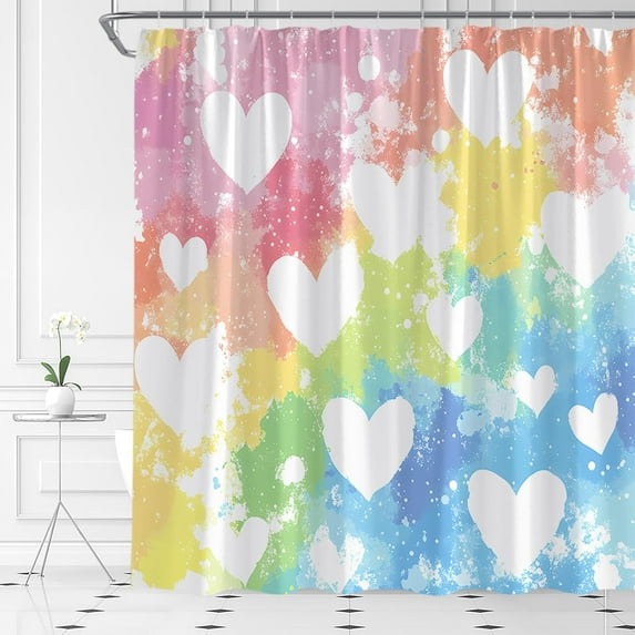 Valentine''s Day Shower Curtain Rainbow Love Romantic Colorful Watercolor Hearts Happy Holiday Fabric Bathroom Decor Set with Hooks(72" Wx84 H)