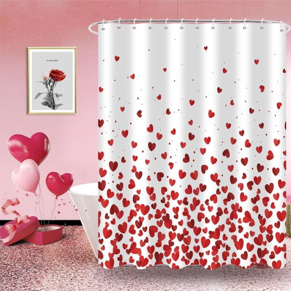 Valentine''s Day Shower Curtain, Red Falling Heart Love Theme Romantic Bathroom Curtain Waterproof Fabric Machine Washable with Hooks, 72" Wx72 L