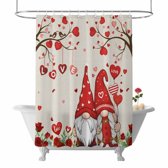 Valentine's Day Shower Curtain Red Gnome Bathroom Curtains with Hooks, Waterproof Fabric Rose Love Bird Heart Tree Branch Bath Shower Curtains Set for Bathroom Bathtubs Valentines Decor 72x72 Inch