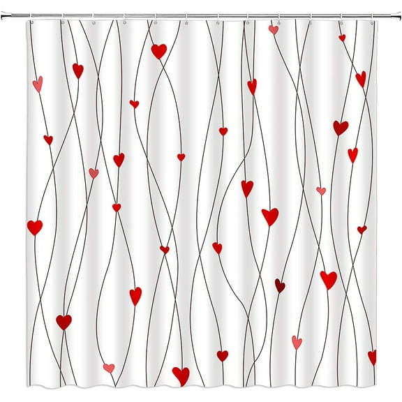 Valentine''s Day Shower Curtain Red Heart Geometric Striped Sweet Love Romantic Couple Woman Girl Bathroom Home Curtain with Hooks,Red Black