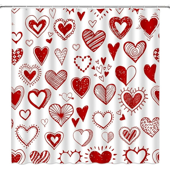 Valentine''s Day Shower Curtain Red Heart Love Couple Sweet Romantic Bathroom Decor Curtain with Hooks,