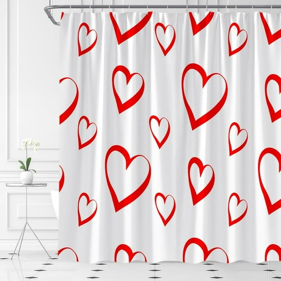 Valentine''s Day Shower Curtain Red Heart White Background Romantice Sweet Couple Fabric Bathroom Curtain Set with Hooks(36" Wx70 H)