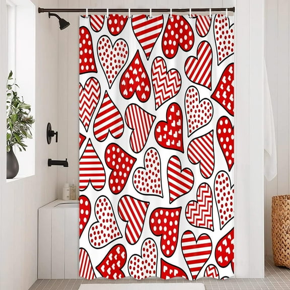 Valentine''s Day Shower Curtain, Red Heart with White Background Shower Curtain Set for Bathroom, Romance Love Theme Fabric Shower Curtain Restroom Bathtub Decor Accessories with Hooks 36X 72 inch