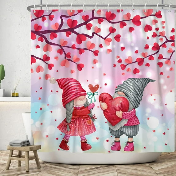 Valentine''s Day Shower Curtain Red Hearts Bathroom Curtain Set with Hooks, Valentine Gnomes Water Repellent Shower Curtain 72W x 84L inch