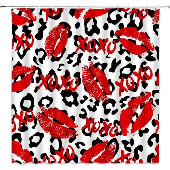 Valentine''s Day Shower Curtain Red Lips Black White Cowhide Romantic Woman Lip Love Kiss Sign Modern Creative Bathroom Decor Fabric Curtain with Hooks