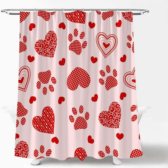 Valentine''s Day Shower Curtain Red Romantic Love Heart Paw Print Dot Plaid Sweet Lover Sweetheart Couple Modern Wedding Fabric Curtain with Hook
