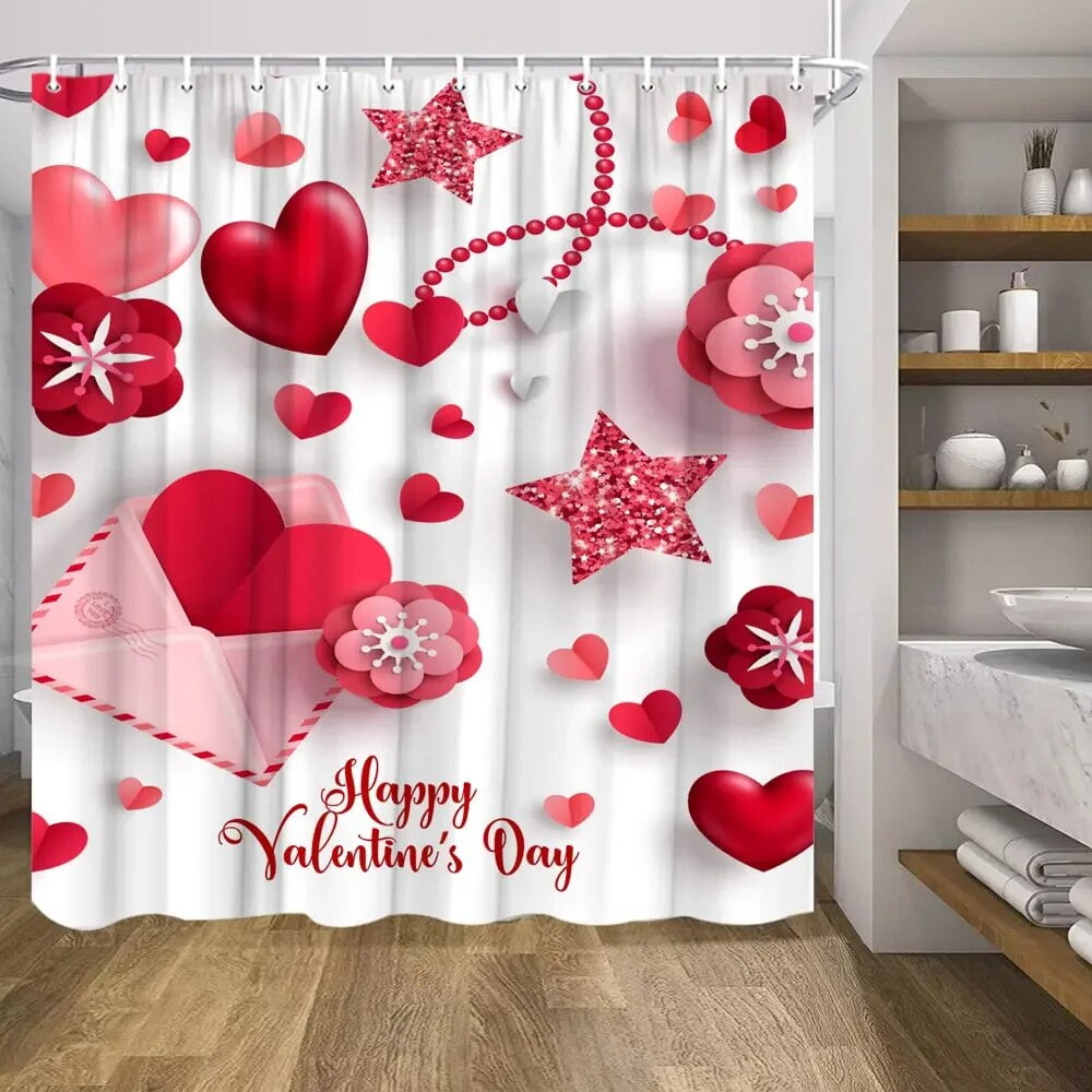 Valentine's Day Shower Curtain Red Roses Pink Balloons Love Tree Bicycle Romantic Truck ...