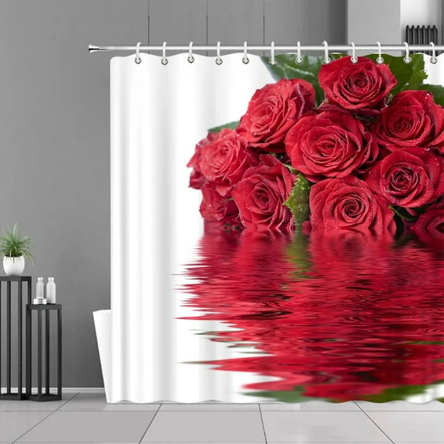 Valentine's Day Shower Curtain Red Roses Red Wine Glasses Romantic Wood