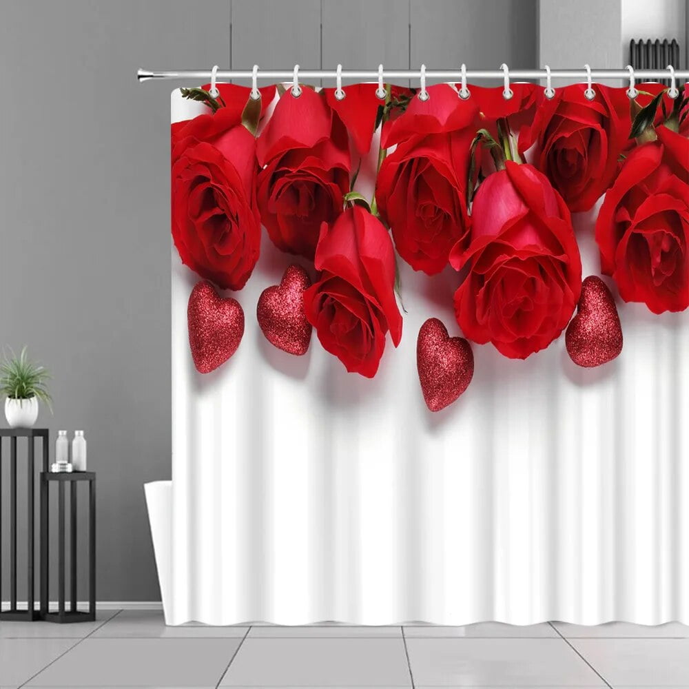Valentine's Day Shower Curtain Red Roses Red Wine Glasses Romantic Wood