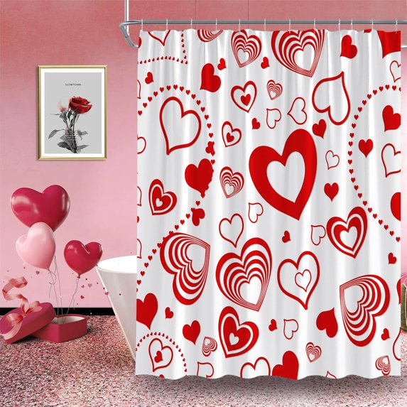 Valentine''s Day Shower Curtain Red Sweet Heart Modern Romantic Love Lover Couple Wedding Creative Fabric Bathroom Decor Curtain with Hooks,70Wx70H Inches