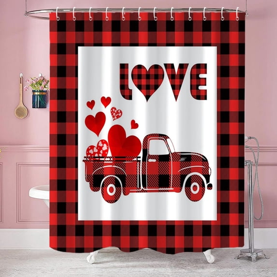Valentine''s Day Shower Curtain, Red Truck Buffallo Check Heart Waterproof Fabric Machine Washable with Hooks for Bathroom Bathtub Decor 72x72