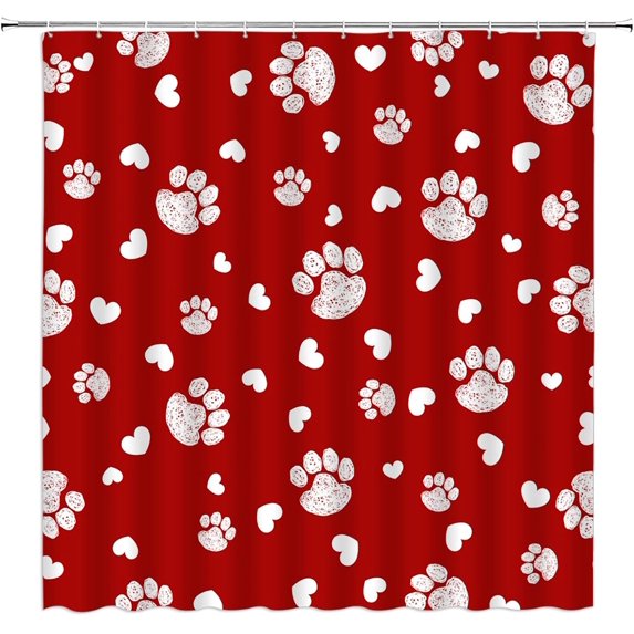 Valentine''s Day Shower Curtain Red White Paw Print Heart Funny Cute Romantic Modern Creative Fashion Couple Lover 70x70(WxH) Inch Bathroom Decor Fabric Curtain with Hooks