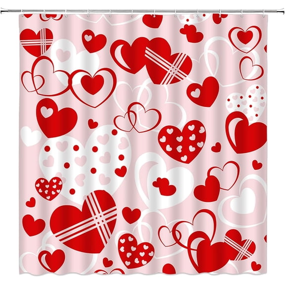 Valentine''s Day Shower Curtain Red White Pink Heart Romantic Sweet Love Modern Creative Lover Couple Woman 70" WX70 H Bathroom Fabric Curtain with Hooks