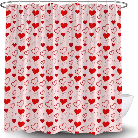 Valentine''s Day Shower Curtain Romantic Cute Pink Red Love Heart Sweet Couple Wedding Marriage Modern Creative Holiday Fabric Bath Curtain with Hooks