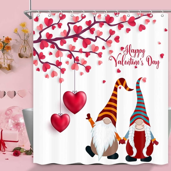 Valentine''s Day Shower Curtain, Romantic Gnome Couple Red Heart Tree Farmhouse Shower Curtains with Hooks Set, Valentines Bathroom Decor Waterproof Fabric Bath Curtains, 72 x 72 Inches