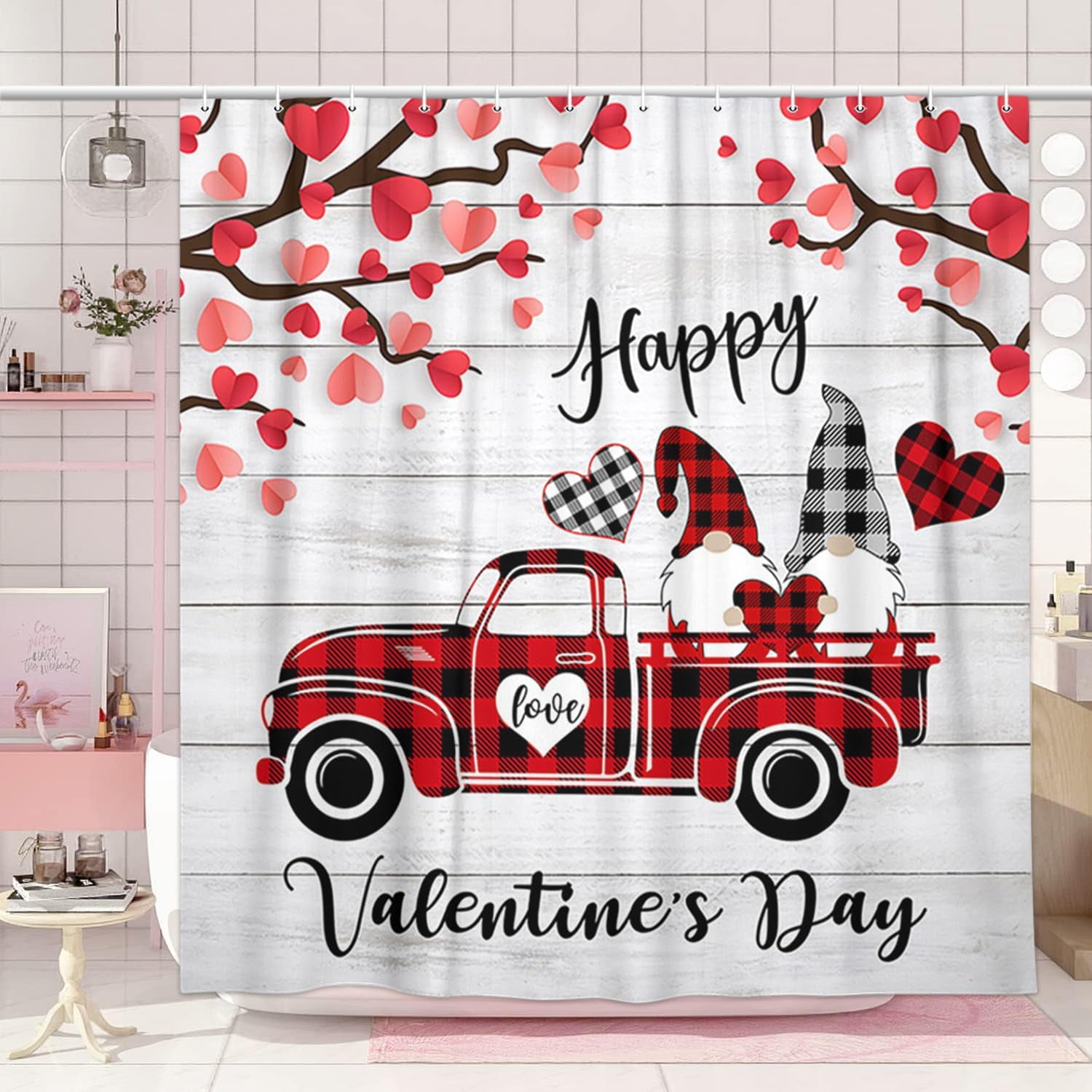 Valentine's Day Shower Curtain, Romantic Gnome Couple Red Heart Tree on ...