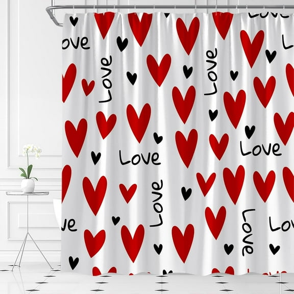 Valentine''s Day Shower Curtain Romantic Love Red Hearts Modern Simple Happy Holiday Fabric Bathroom Decor Set with Hooks(84" Wx72 H)