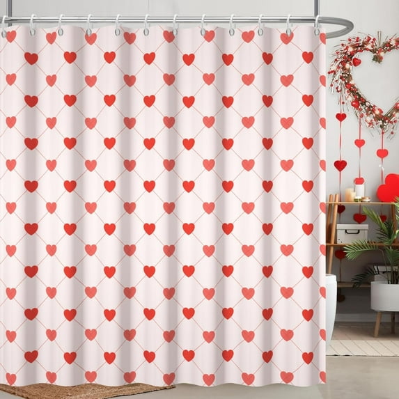 Valentine''s Day Shower Curtain, Romantic Pink Shower Curtain Set for Bathroom Waterproof Little Sweert Heart Checkered Mother''s Day Shower Curtain with Hooks, 72x72 Inch