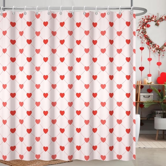 Valentine''s Day Shower Curtain, Romantic Pink Shower Curtain Set for Bathroom Waterproof Little Sweert Heart Checkered Mother''s Day Shower Curtain with Hooks, 72x84 Inch