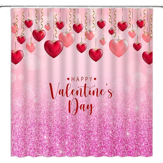 Valentine''s Day Shower Curtain Romantic Red and Pink Heart Shaped Decor Home Bathroom Bathtub Curtains Set Include Hooks,(70" WX70 H)