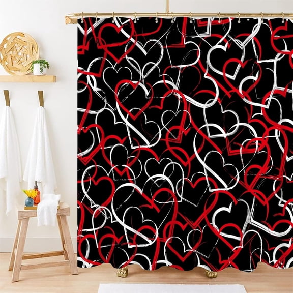 Valentine''s Day Shower Curtain, Romantic Red and White Heart Shower Curtain Set for Bathroom Waterproof Black Shower Curtain with Hooks, 72x72 Inch