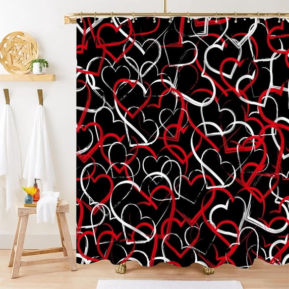Valentine''s Day Shower Curtain, Romantic Red and White Heart Shower Curtain Set for Bathroom Waterproof Black Shower Curtain with Hooks, 72x72 Inch