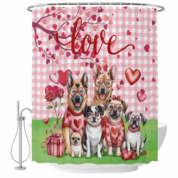Valentine's Day Shower Curtain Set - Long 72" x 84" Washable Bathtub Curtain with 12 Hooks, Funny Dogs Love Roses Spring Pink Plaid Waterproof Fabric Stall Shower Curtains for Bathroom/Bathtub Décor