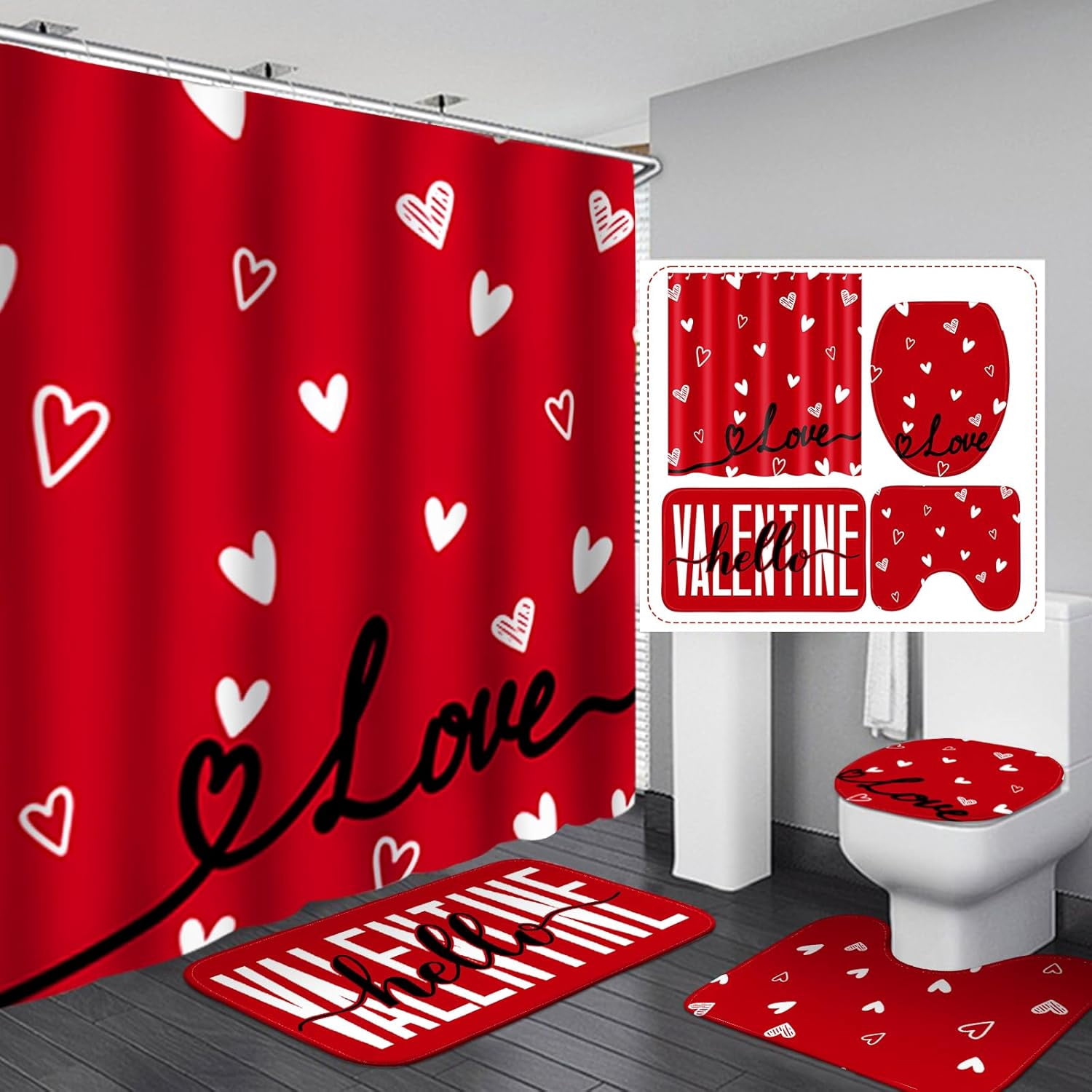 Valentine's Day Shower Curtain Set, Non Slip Rugs Toilet Lid Cover U Shape Bath Mat and 12 Hooks Love Heart Shape Red Bathroom Supplies for Valentines Accessories Decor Set
