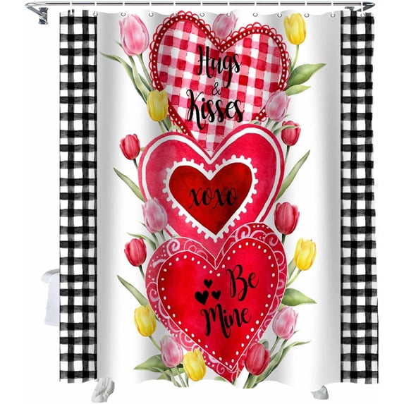 Valentine''s Day Shower Curtain Set, Red Pink Love Heart Bath Shower Curtain with Hooks Waterproof Fabric Shower Curtains for Bathroom Romantic Valentines Decor Tulip Buffalo Plaid Romantic 72x72 Inch