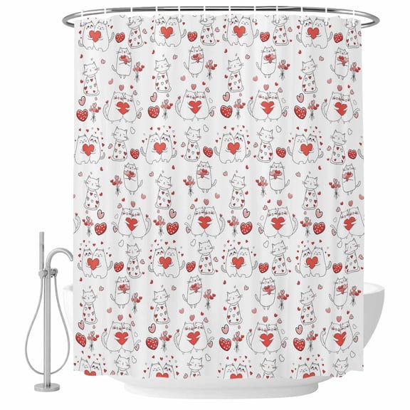 Valentine's Day Shower Curtain Set - Small 36" x 72" Washable Bathtub Curtain with 12 Hooks, Sweet Couple Cats Love Romance White Waterproof Fabric Stall Shower Curtains for Bathroom/Bathtub Décor