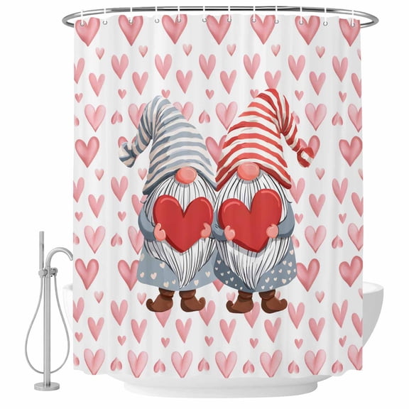 Valentine's Day Shower Curtain Set - Standard 72" x 72" Washable Bathtub Curtain with 12 Hooks, Romance Gnomes Couple Heart Pink Love Waterproof Fabric Shower Curtains for Bathroom/Bathtub Décor