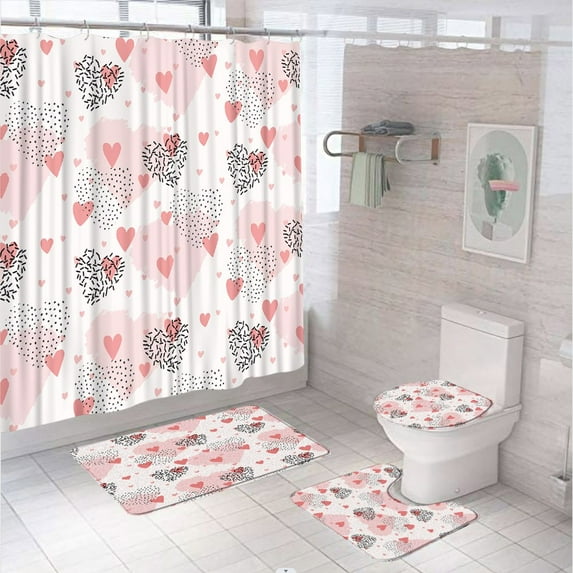 Valentine's Day Shower Curtain Sets Geometric Plaid Sweetheart Bathroom Curtains Non-Slip Bath Mat Rug Toilet Lid Cover