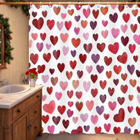 Valentine's Day Shower Curtain - Waterproof Fabric Bath Curtain with Falling Red Hearts & Hooks, 72 x 72 Inches, Romantic Bathroom Decor(A)
