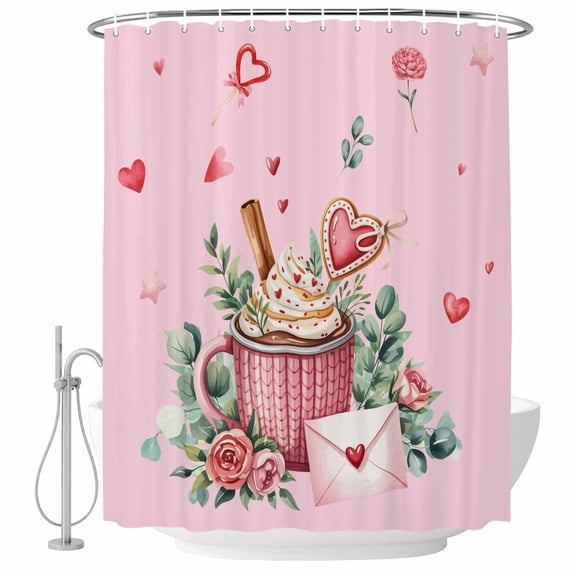 Valentine's Day Shower Curtain, Waterproof Shower Curtains for Bathroom, Cartoon Love Rose Floral Pink Romantic Washable Fabric Bathtub Curtain Set Bath Decor with 12 Hooks Stall 36"x72"