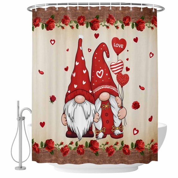 Valentine's Day Shower Curtain, Waterproof Shower Curtains for Bathroom, Farmhouse Gnomes Love Red Rose Wooden Washable Fabric Bathtub Curtain Set Bath Decor with 12 Hooks Stall 36"x72"