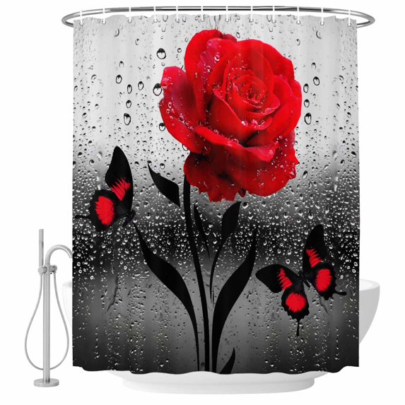 Valentine's Day Shower Curtain, Waterproof Shower Curtains for Bathroom, Red Rose Floral Watercolor Butterfly Flowers Washable Fabric Bathtub Curtain Set Bath Decor with 12 Hooks Extra Long 72"x96"