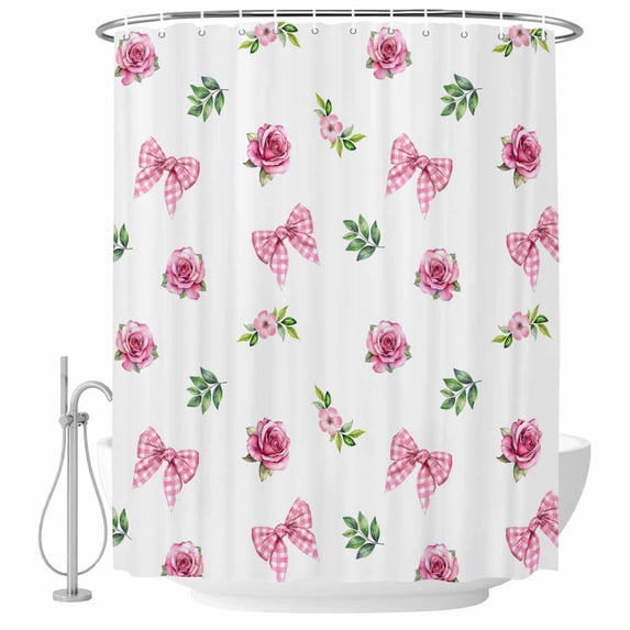 Valentine's Day Shower Curtain, Waterproof Shower Curtains for Bathroom, Spring Roses Romantic Pink Bows Leaves Washable Fabric Bathtub Curtain Set Bath Decor with 12 Hooks 72"x78"