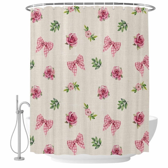 Valentine's Day Shower Curtain, Waterproof Shower Curtains for Bathroom, Spring Roses Romantic Pink Bows Vintage Washable Fabric Bathtub Curtain Set Bath Decor with 12 Hooks Long 72"x84"