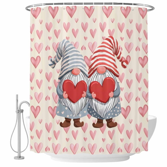 Valentine's Day Shower Curtain, Waterproof Shower Curtains for Bathroom, Watercolor Heart Gnomes Couple Love Pink Washable Fabric Bathtub Curtain Set Bath Decor with 12 Hooks Extra Long 72"x96"