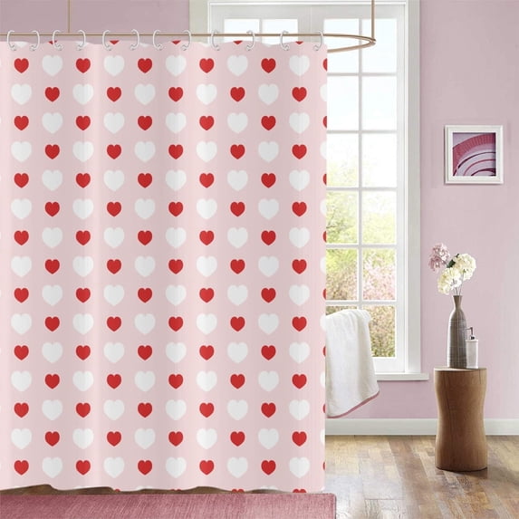 Valentine''s Day Shower Curtain, Weighted Bottom Romantic Love Theme Pink and Red Little Heart Fabric Bathroom Curtain Home Decor Waterproof Washable with 12 Hooks,72"x72"