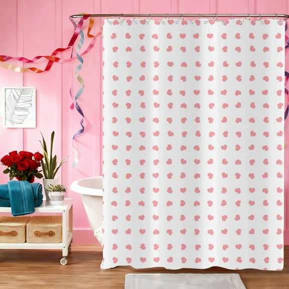 Valentine's Day Shower Curtain, Weighted Bottom Romantic Love Theme Pink and Red Little Heart Fabric Bathroom Curtain Home Decor Waterproof Washable with Hooks