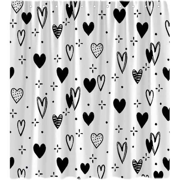 Valentine''s Day Shower Curtain White Black Sweet Heart Romantic Love Couple Lover Creative Modern Holiday Marriage Wedding Fabric Bath Curtain with Hooks